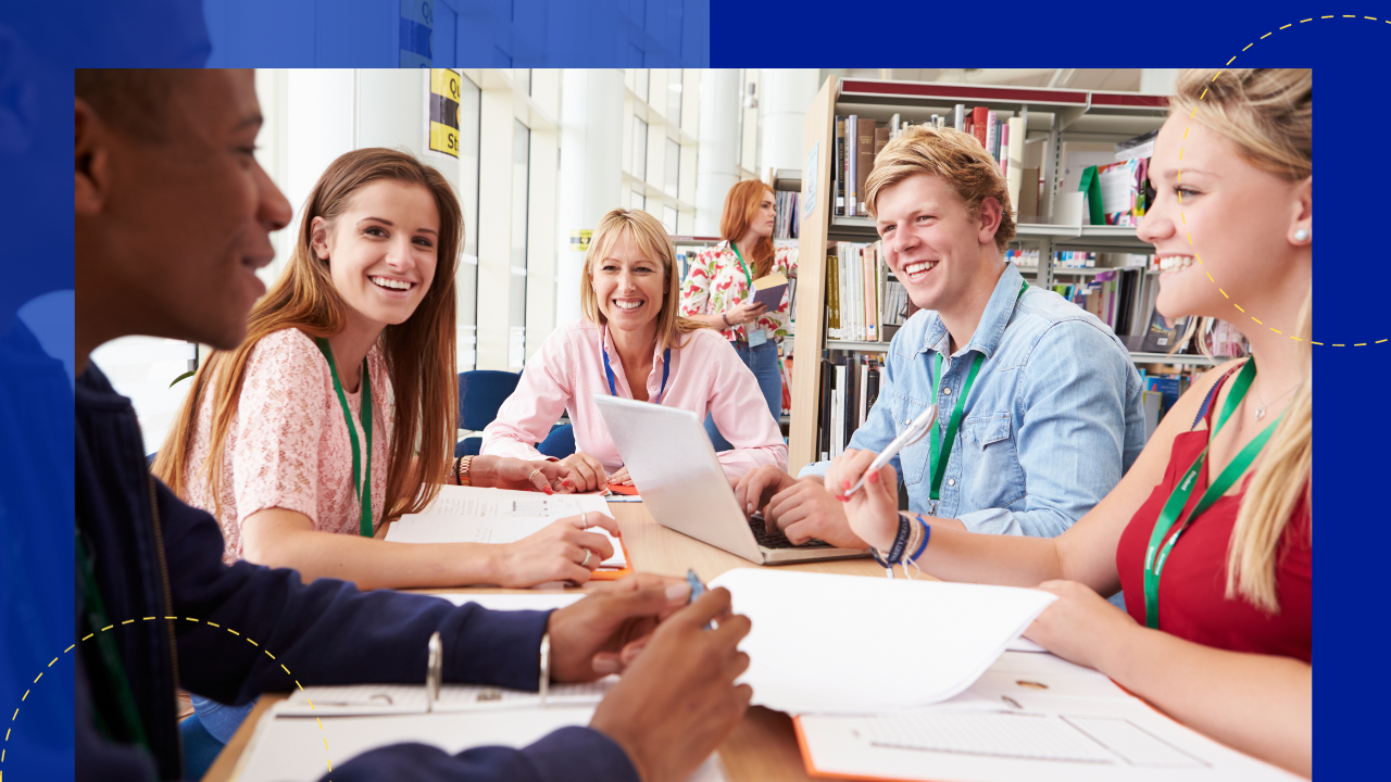 students having a meeting in the library